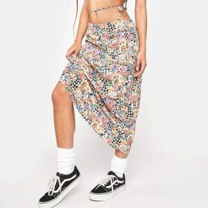 NWT For Love & Lemons Deidre Checkered Mushroom Print Midi Skirt